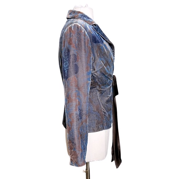 VTG Kay Unger Bow Detail Silk Velvet Jacket Blazer Mocha Mousse & Blue Floral - Picture 3 of 8